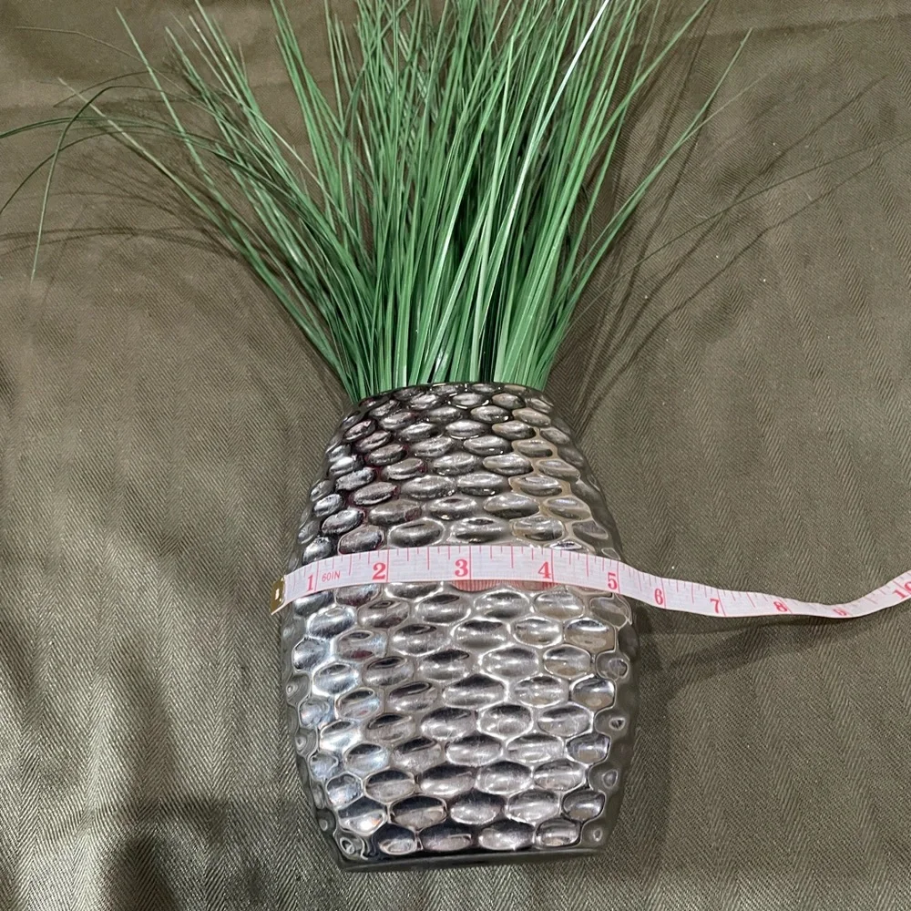 Elegant Silver Vase with Green Artificial Grass